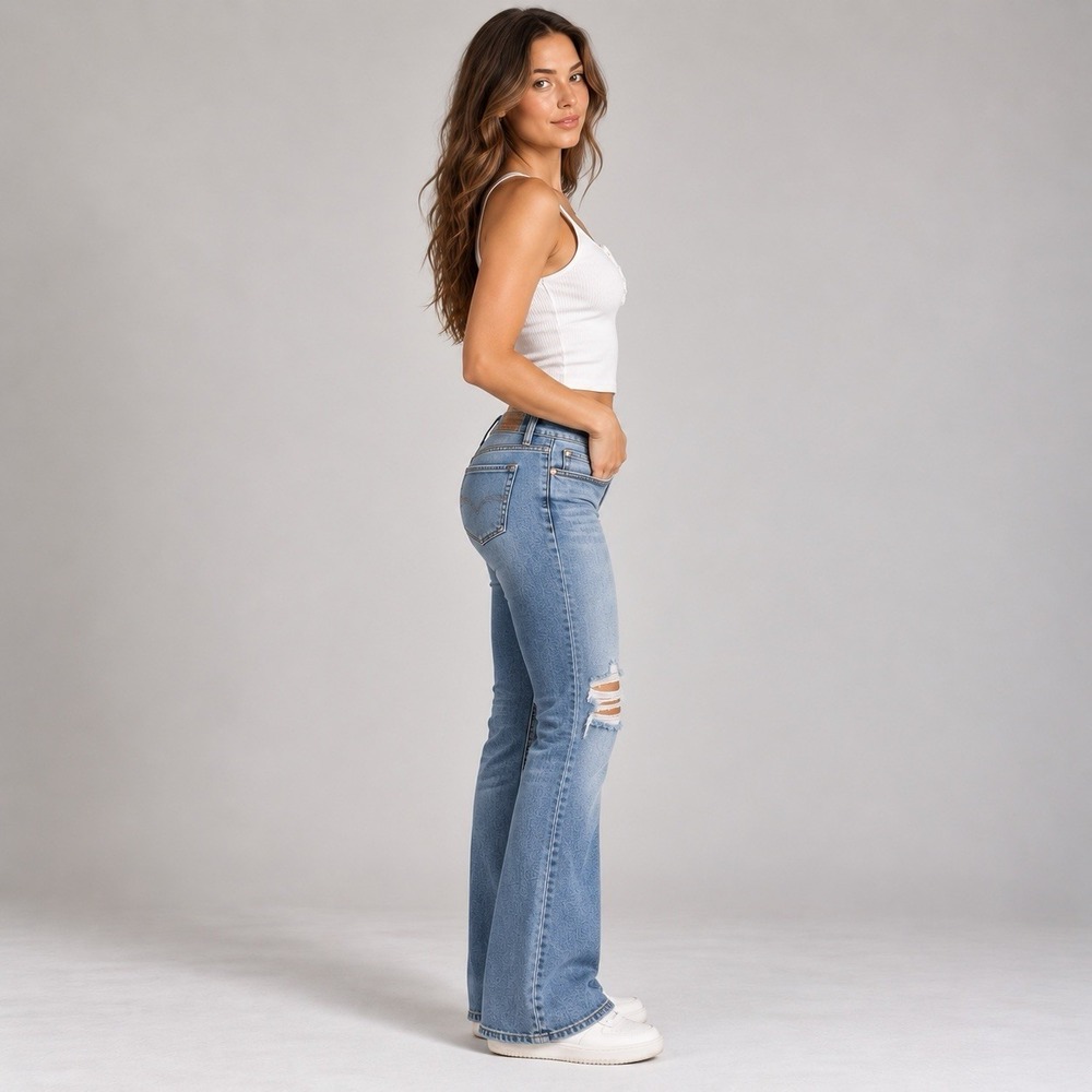 American Eagle Kick Boot Jeans 10 Super Low Rise Distressed Stretch Y2K Blue 30W - Picture 7 of 14